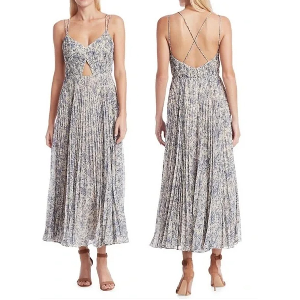 Amur Lucy Floral Sleeveless Crossback Pleated Maxi Dress White/Blue Women's 10